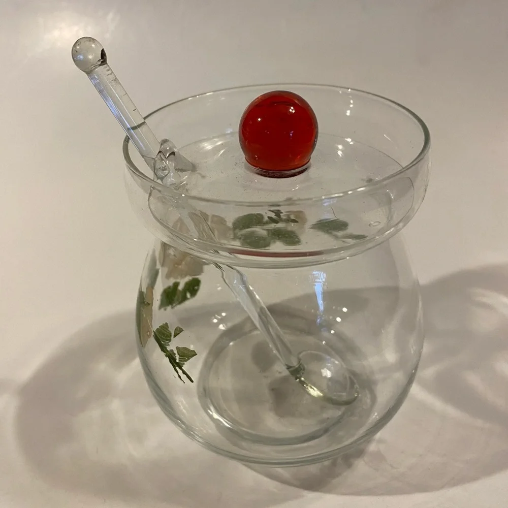 Vintage Hand-Painted Glass Honey Jar with Glass Dipper & Red Ball Finial Lid